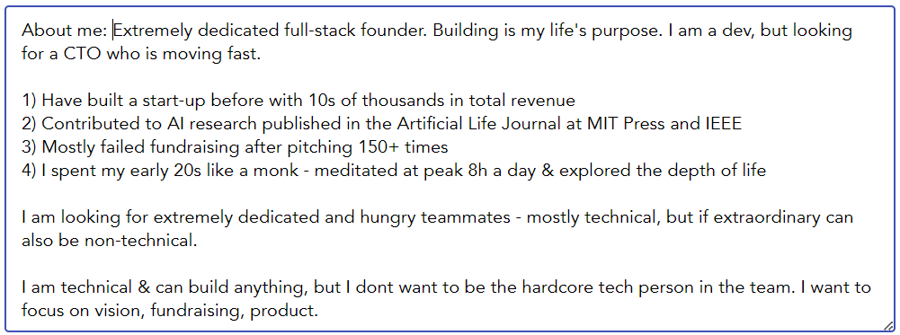 crislenta's tweet image. 🔥I am looking for a CTO to build together Y - @yMindAI!

About me - see screenshot

About Y

1. Vision - AI Angel -- or Personal Growth Companion to which you outsource your evolution.

2. Status - app is live &amp;amp; got a few users - 300+ people opened the app. In the process of…