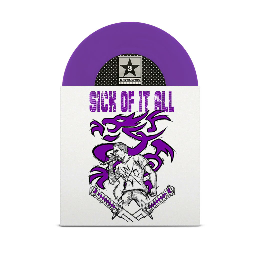IDIOTEQ's tweet photo. One-time benefit pressing of Sick Of It All's self-titled 7" for vocalist Lou Koller on opaque purple vinyl featuring cover art by Jime Litwalk. 100% of the profit will be donated to Lou. Get it via https://t.co/GbLGTrkStY // @soianyc @RevelationRecs #sickofitall #loukoller https://t.co/lYwdst3T09