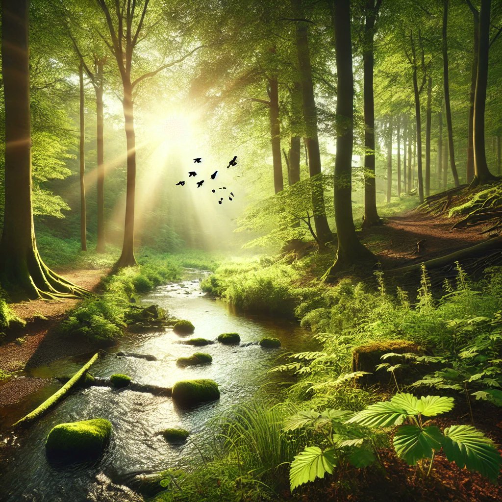 🌳✨ Embrace the beauty of nature! Here's a serene forest scene with sunlight filtering through the trees, a babbling brook, lush green foliage, and birds flying in the background. 🌿🌞

 #NatureLovers #ForestMagic #PeacefulMoments