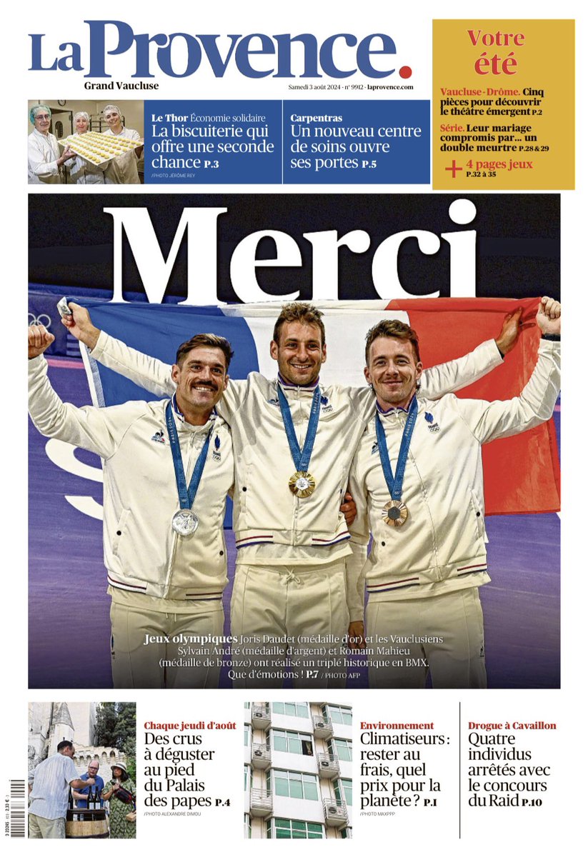 MERCI. Les Unes de <a href="/laprovence/">La Provence</a>. 
Ce vendredi 2 août restera l’un des plus grands jours de l’histoire du sport français. #Paris2024