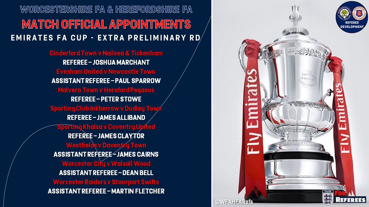 WFAHFARefs's tweet photo. The FA Cup gets underway this weekend and we have match officials from both counties who have been appointed fixtures throughout the Extra Preliminary Round. Congratulations to all! 👏🏻⚽️🏆 https://t.co/oF98oBraE4