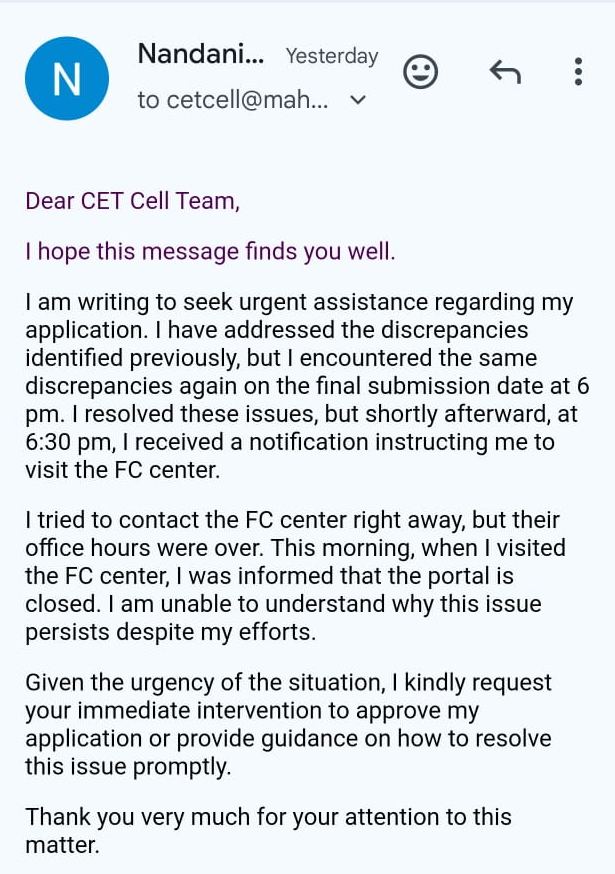 Nandani0707's tweet photo. @CETCELL Urgent help needed with my CET Cell application! Despite resolving discrepancies and visiting the FC center, I’m still facing issues and the portal is now closed. Can someone please assist immediately? 
#UrgentAssistance #StudentSupport https://t.co/b9vjw8DUor