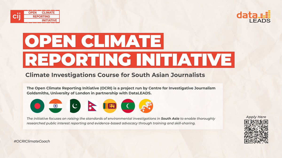DataLEADS (@data_leads) on Twitter photo Dataleads is thrilled to partner with the <a href="/cijournalism/">The Centre for Investigative Journalism</a>
to announce the call to applications for Climate Investigations Course for South Asian journalists.
If you are an investigative journalist, apply now for this initiative- forms.gle/8GqSMbmAPWjyGJ…
#OCRIClimateCoach Dataleads is thrilled to partner with the <a href="/cijournalism/">The Centre for Investigative Journalism</a>
to announce the call to applications for Climate Investigations Course for South Asian journalists.
If you are an investigative journalist, apply now for this initiative- forms.gle/8GqSMbmAPWjyGJ…
#OCRIClimateCoach