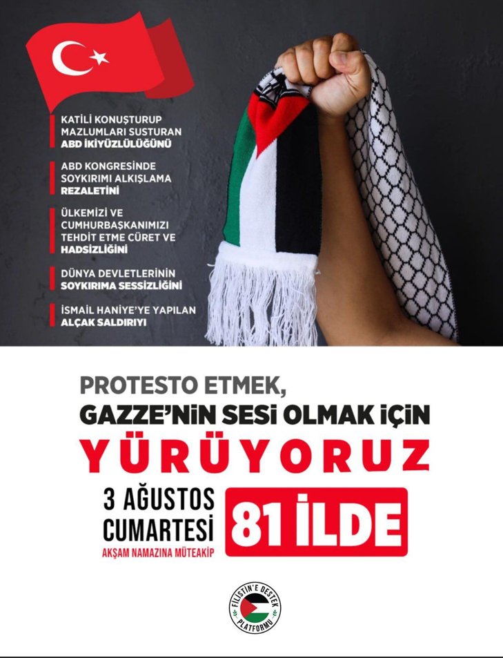 Küresel Eylem Günü

Bugün 3 Ağustos Cumartesi
Zalimin zulmüne, zulme alkış tutanların rezaletine karşı GAZZE’nin sesi olmak, soykırıma karşı durmak için YÜRÜYORUZ!

👉tyb.org.tr/kuresel-eylem-…
