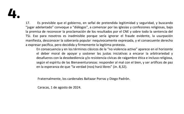 Cardenales Baltazar Porras y Diego Padrón sostienen que en Venezuela hubo un fraude electoral, rechazan la represión, afirman que no pueden pasar a ser una iglesia más del silencio y se disponen a defender la verdad y a acompañar al pueblo en su legítima protesta