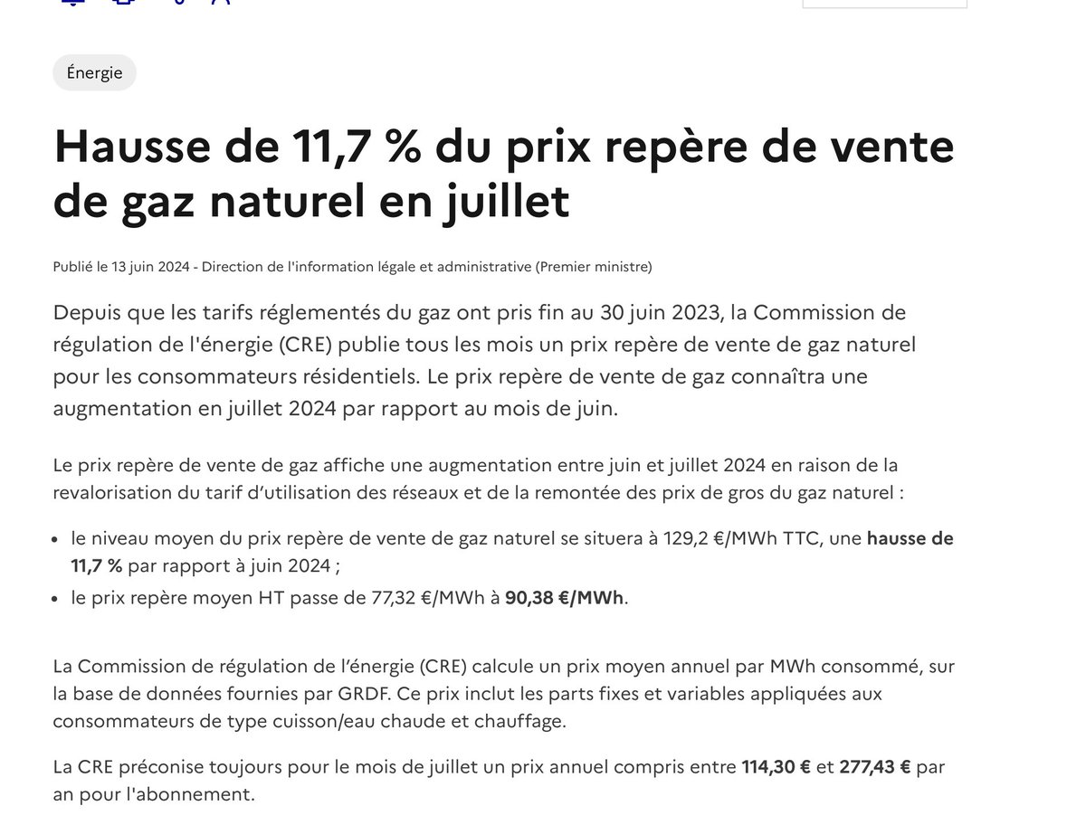 MidiLaurence's tweet photo. Bon JO a tous 🙋‍♀️…
Pendant que tout le monde a les yeux rivés sur les Jeux Olympiques, le niveau moyen du prix repère de vente de gaz naturel est en hausse de 11,7 % par rapport à juin 2024 ; le prix repère moyen HT passe de 77,32 €/MWh à 90,38 €/MWh.
￼ https://t.co/BPUgqct5jp