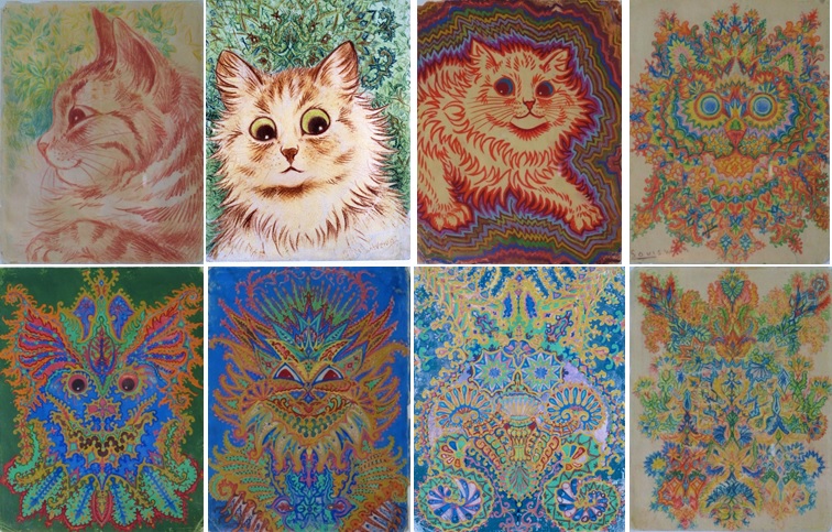 bethlemmuseum's tweet photo. Louis Wain's Kaleidoscope Cats. It's often thought that these paintings represent the decline in Wain's mental health, but there's no evidence the paintings are related to each other. All are undated, but they're often displayed in an order that tries to illustrate this theory. https://t.co/N4f9XubeT5