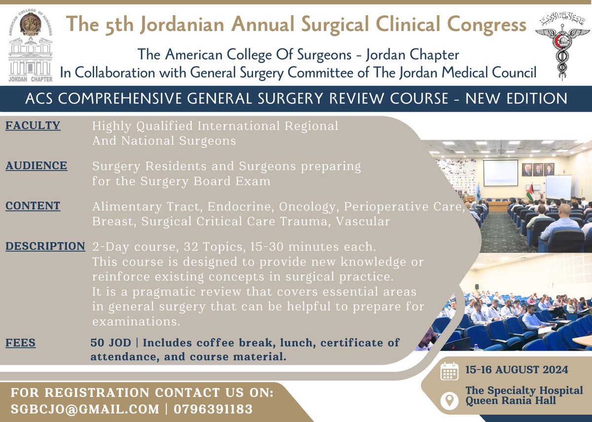 DrOsama_Hamed's tweet image. 𝗦𝘁𝗿𝗼𝗻𝗴𝗹𝘆 𝗥𝗲𝗰𝗼𝗺𝗺𝗲𝗻𝗱𝗲𝗱 𝗳𝗼𝗿 𝗔𝗹𝗹 𝗦𝘂𝗿𝗴𝗲𝗿𝘆 𝗥𝗲𝘀𝗶𝗱𝗲𝗻𝘁𝘀: 𝗚𝗲𝗻𝗲𝗿𝗮𝗹 𝗦𝘂𝗿𝗴𝗲𝗿𝘆 𝗥𝗲𝘃𝗶𝗲𝘄 𝗖𝗼𝘂𝗿𝘀𝗲

𝗦𝗲𝗮𝘁𝘀 𝗮𝗿𝗲 𝗹𝗶𝗺𝗶𝘁𝗲𝗱!

Register here: wa.link/kh2ip1
#acs_jordan #ammann #surgery #surgery_residents #course #ACS
