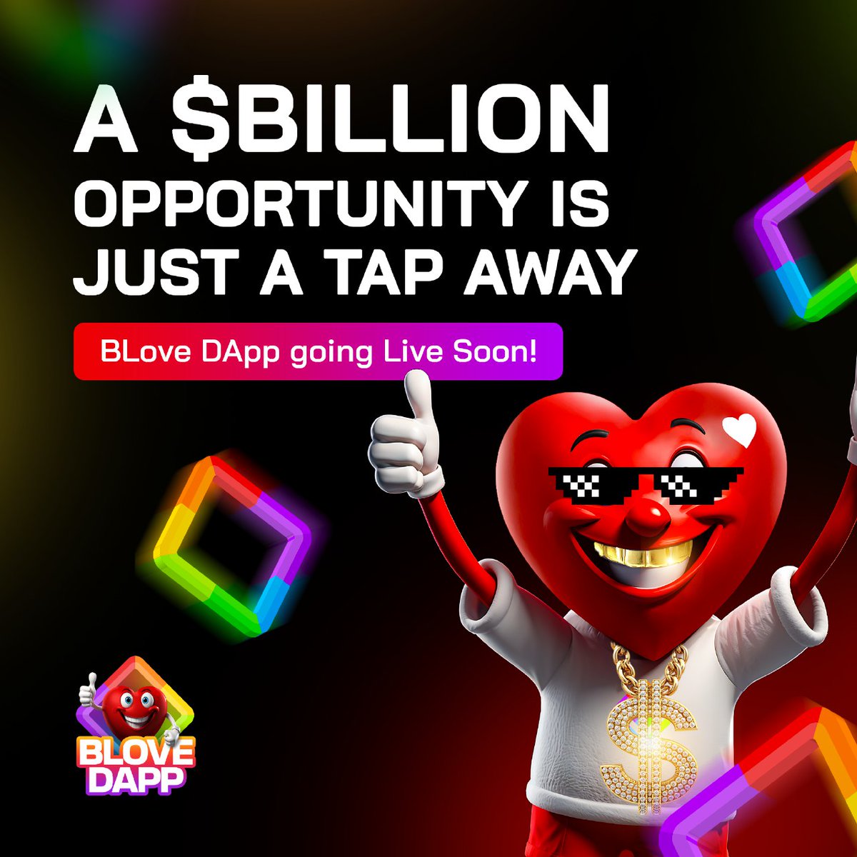 TechWithCL's tweet photo. Your life is about to change,
A billion-dollar opportunity is about to drop,
BLove DApp is launching SOON!⏳

Get ready to tap your way to riches with the world’s biggest airdrop of $1 Billion airdrop pool!🪂

Are you ready to hit the jackpot?

https://t.co/rSKma6rH9d https://t.co/U3vUoaLidT