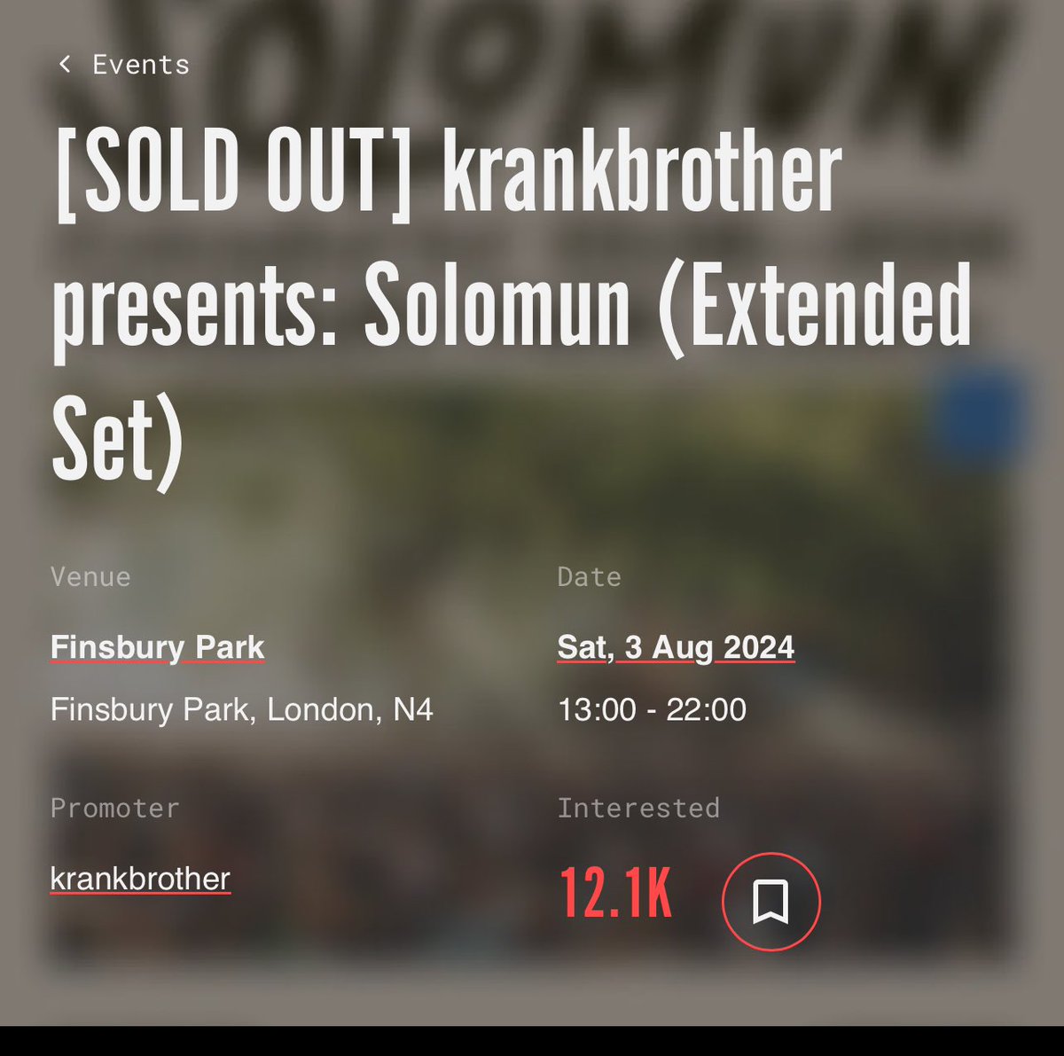 2 Solomun tickets available tonight in Finsbury Park/ DM if of interest