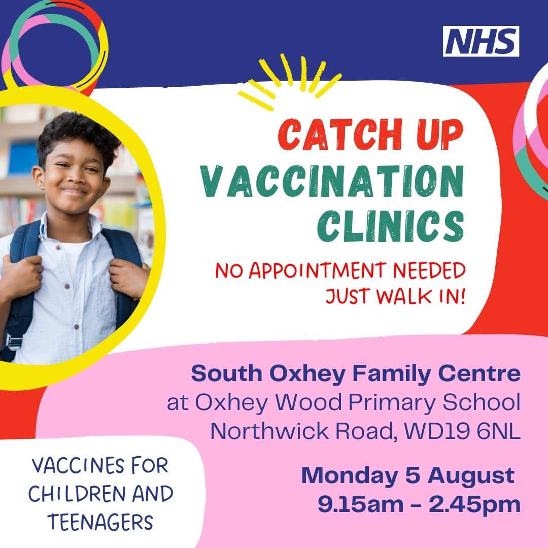 ThreeRiversDC's tweet photo. Drop by at the children and teenagers vaccination and maternity vaccination clinics at South Oxhey Family Centre

📅 Monday 5 August
🕘 9.15am-2.45pm
📍Oxhey Wood Primary School, Northwick Road, WD19  6NL

#ThreeRivers #Maternity #MaternityVaccinations #SouthOxhey #Hertfordshire https://t.co/zX7HdT51lq