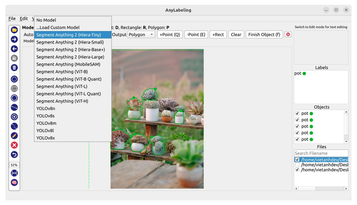 vietanhdev's tweet photo. 🎅 AnyLabeling v0.4.8 🎅 now supports the latest model Segment Anything 2 for image labeling!
SAM2 is the newest SOTA for image segmentation from Meta with 🔥 3x fewer human interaction and 🚀 6x faster.
🔗 Source code: https://t.co/wRoijQP7QA.
🔗 Web: https://t.co/fwa7XxLop8. https://t.co/DSNYoujSoc