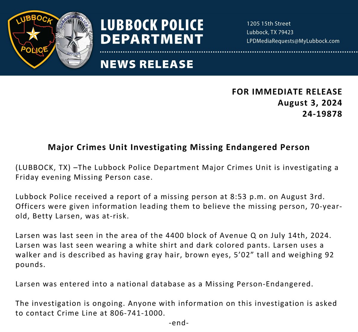 LubbockPolice's tweet photo. Major Crimes Unit Investigating Missing Endangered Person

Anyone with information on this investigation is asked to contact Crime Line at 806-741-1000. Callers can remain anonymous. https://t.co/a2iffN7NKu