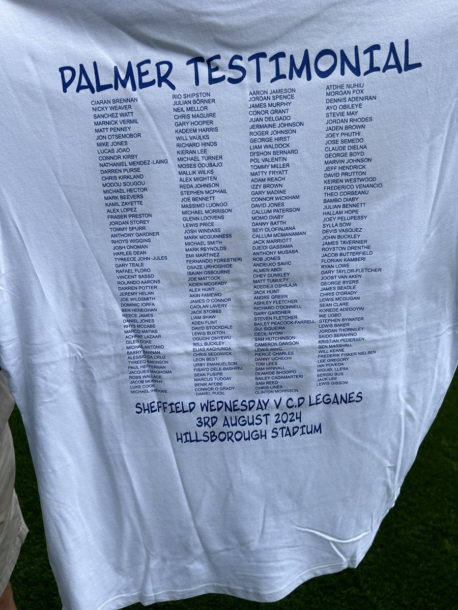 swfc's tweet image. Today’s warm up shirt listing every Owls player Liam has shared the pitch with! 🦉

#swfc | #PalmerTestimonial24
