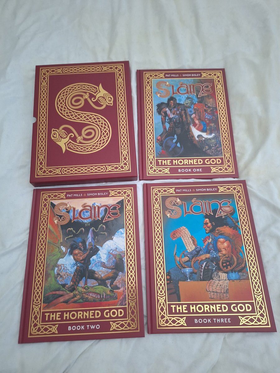 ADR2099's tweet photo. Finally arrived and looking incredible!
Slaine the Horned God anniversary edition  by @PatMillsComics and Simon Bisley from @2000AD

Bigger than what I was expecting- see photo compared to a DC absolute edition 🤯
#slainethehornedgod
#2000adcomics https://t.co/ujw5e1qkiV