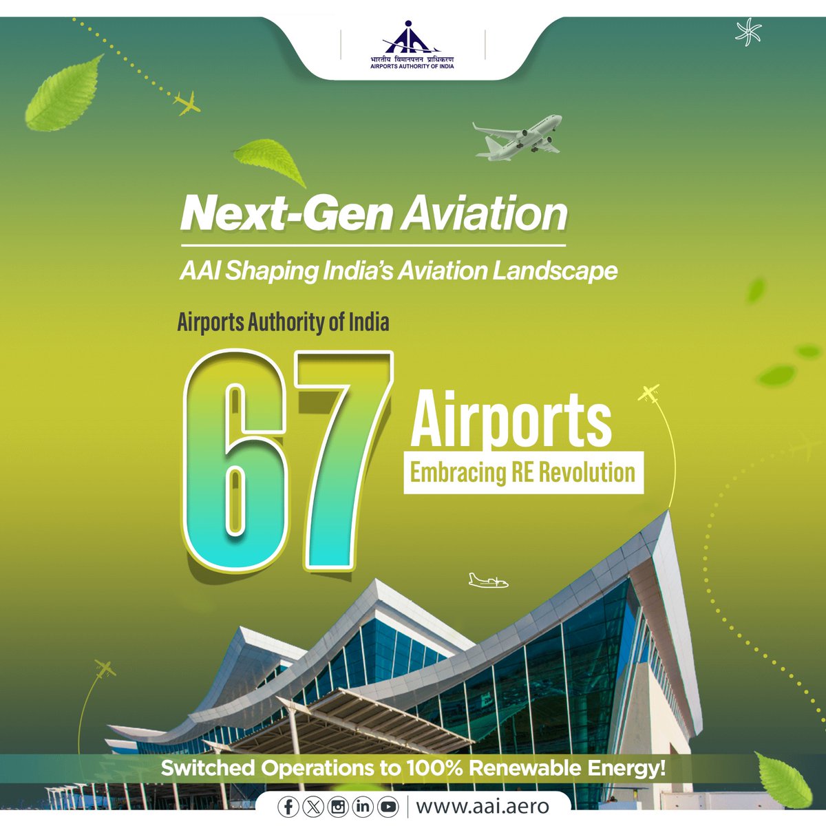 AAI_Official's tweet photo. #AAI’s SUGAM - A Mission for a Greener Aviation Industry!

The Airports Authority of India's 'Sustainable Green Airports Mission' with its focus on #RenewableEnergy is significantly reducing Carbon Footprints and leading the way in Eco-Friendly Aviation. #AAI’s 67 Airports have successfully switched their operations to 100% RE, highlighting its commitment towards an Environment Friendly Future.