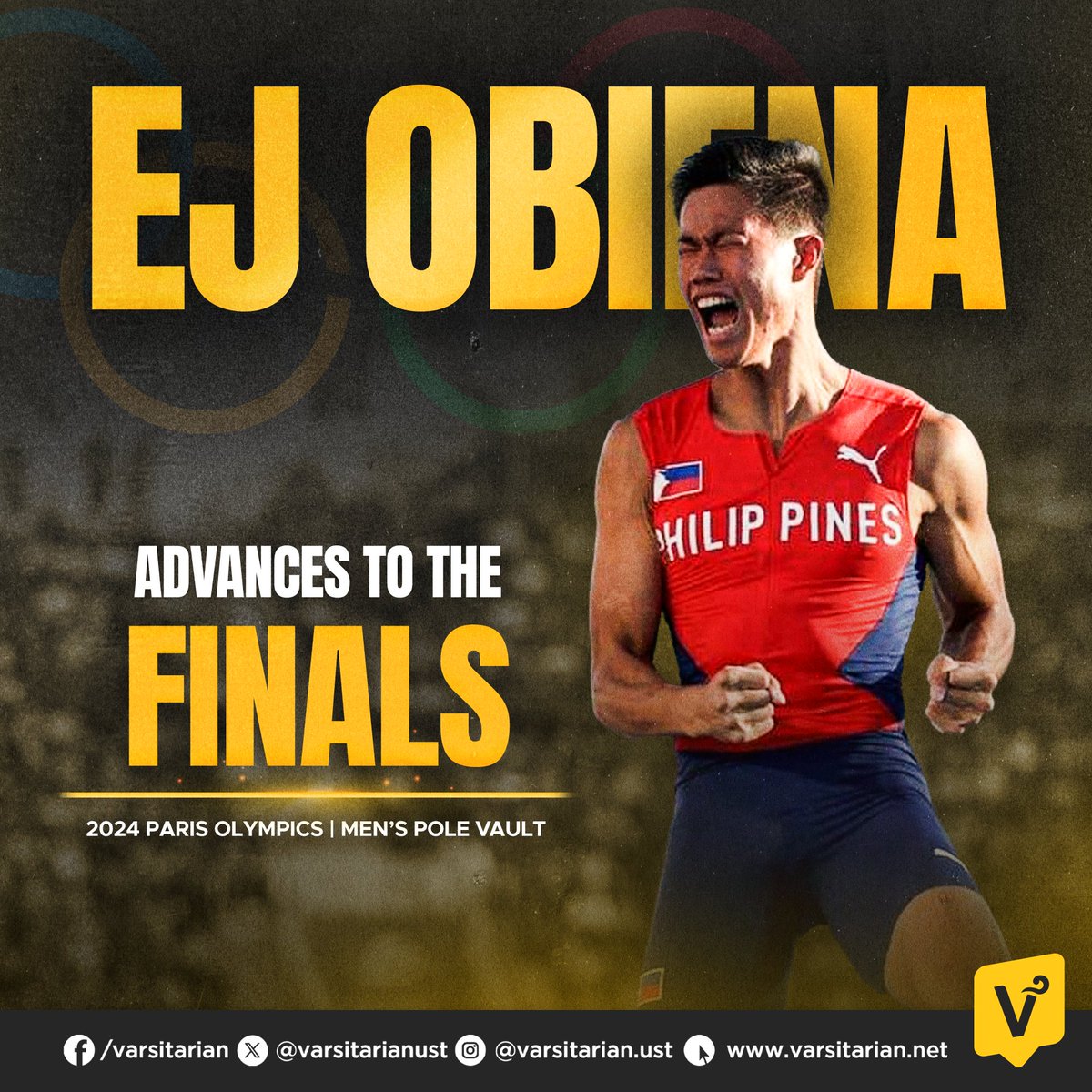 varsitarianust's tweet photo. EJ OBIENA IS FINALS BOUND 🐯🇵🇭

Overcoming an early scare, Thomasian pole vaulter EJ Obiena is advancing to the final round of the men's pole vault event at the #Paris2024 #Olympics.

Ranked world No. 2, Obiena, who placed 11th in the Tokyo Olympics, aspires to become the first Filipino athlete in 88 years to win a medal in athletics.