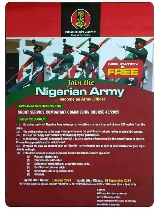 MSIngawa's tweet photo. NIGERIAN ARMY RECRUITMENT 

Short Service Course at Nigerian Army

Requirements
Candidates; 
-Must be between 23 and 27 years
-Must have Degree (at least 2:2) or HND (at least lower credit)
-must have completed NYSC
-must be physically and mentally fit according to Army standards
-Must have 2 recommendation letters from reputable persons
-Must have an attestation letter from your former institution 
-Hight of 1.68m (male) and 1.65(female)
-must not have tattoos 
-must have secondary school certificate obtained after 2014
-candidates must not be a member of any cult group or secret societies. 

Apply here: https://t.co/yh6JGpVK8k 

Application starts: 5th August, 2024

Application deadline: 15th September, 2024