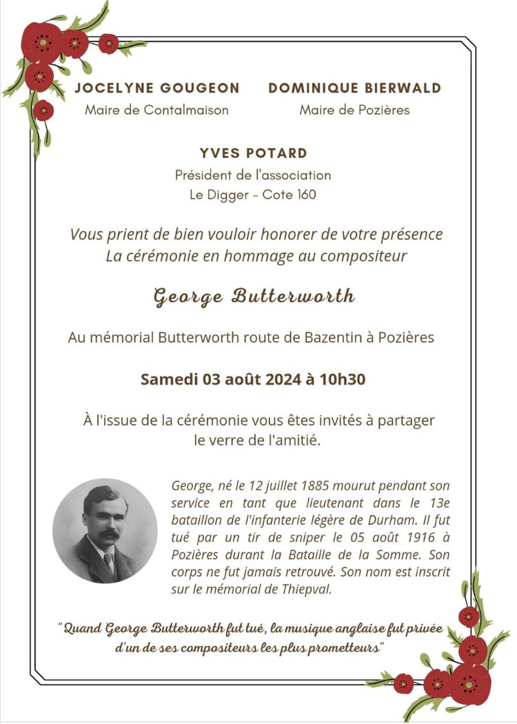 The George Butterworth Memorial Ceremony, staged annually by local residents in Pozieres, France led by Yves Potard / Le Digger Cote 160, Saturday 3 August 2024