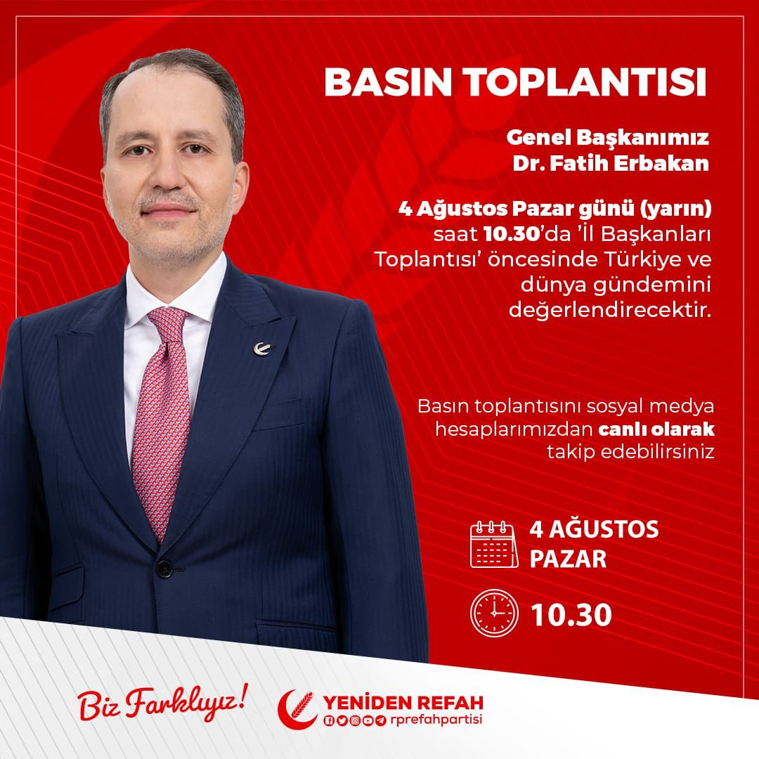 4 Ağustos Pazar günü (yarın) saat 10.30’da ’İl Başkanları Toplantısı’ öncesinde Türkiye ve dünya gündemini değerlendirecektir.