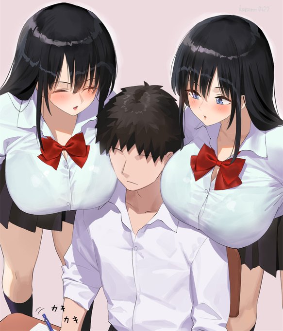 巨乳双子に好かれたせいで休み時間中もおっぱいに挟まれる男子のイラスト 