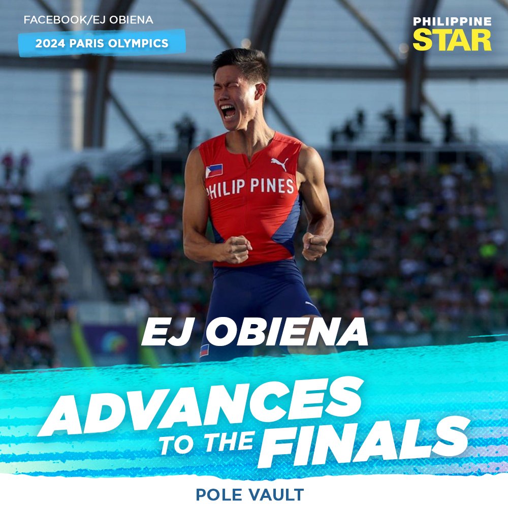 PhilippineStar's tweet photo. LEAP YOUR WAY TO VICTORY, EJ! 👏🏻

Pole vaulter EJ Obiena is one leap away from the podium of the #ParisOlympics2024, as he advances to the finals after he cleared 5.75m in the men’s pole vault qualifying event on Saturday (PH Time). https://t.co/3VZziesU6k