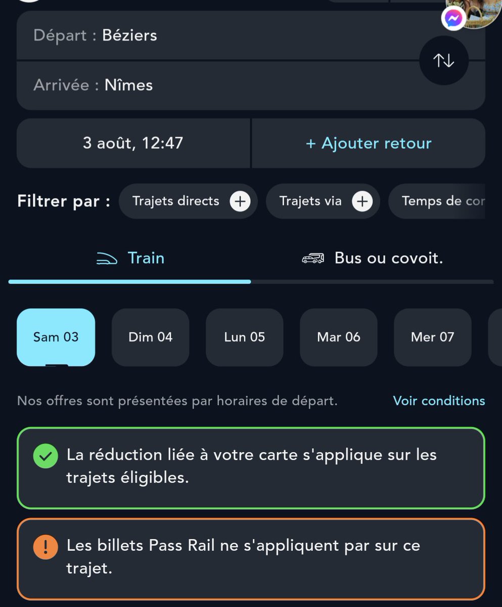 ziggychards's tweet photo. @SNCFConnect Pour vous montrer ce que ça me dit : "les billets pass rail ne s'appliquent pas sur ce trajet"

+ Les intercités sont payants là https://t.co/TXeTgt8Blu