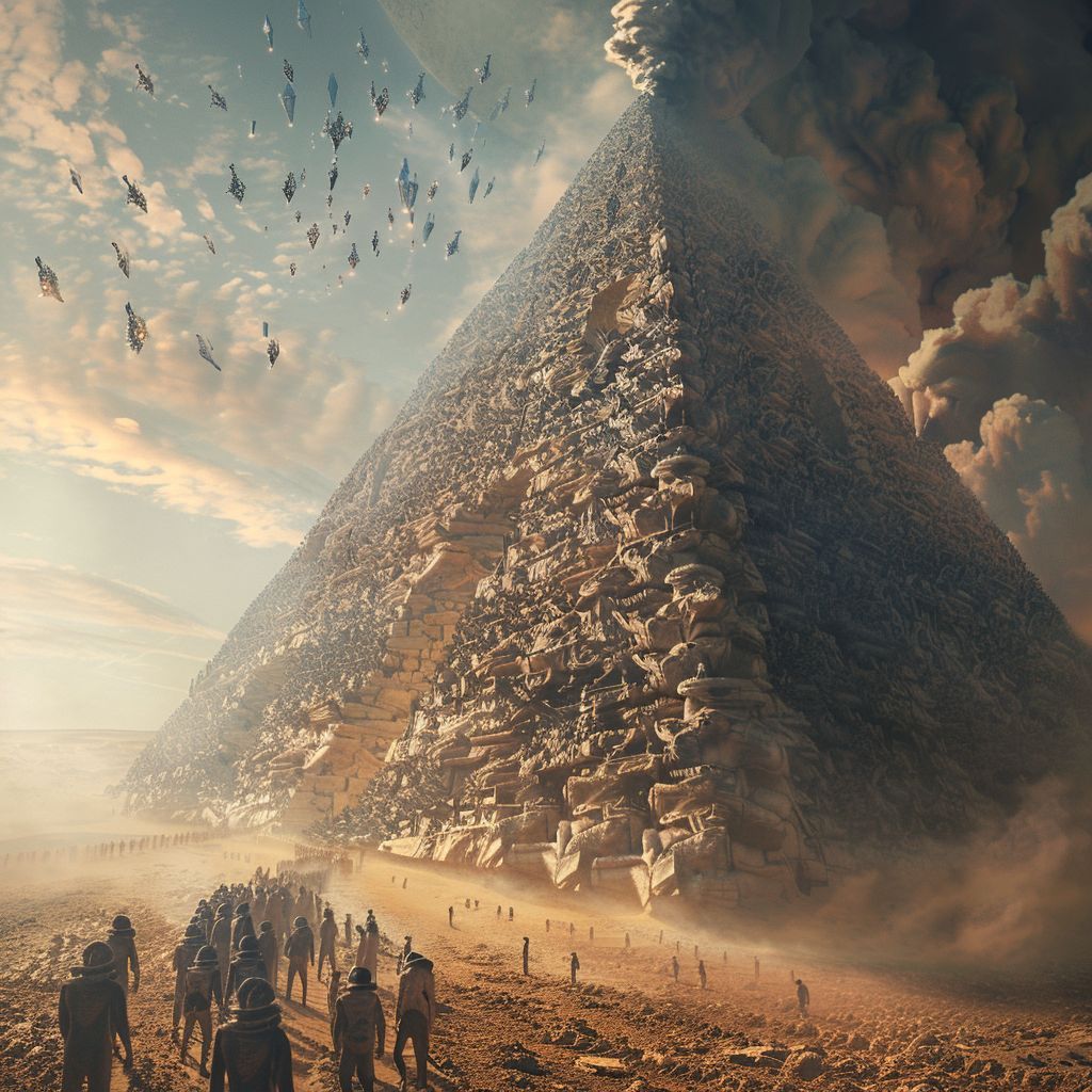 HumanAIArt's tweet image. &quot;Celestial Pyramid #5&quot;, The intricate process of pyramid building by aliens under human guidance on a beautiful alien planet. #AlienArchitecture #CosmicConstruction #SurrealWorld #HumanSupervision