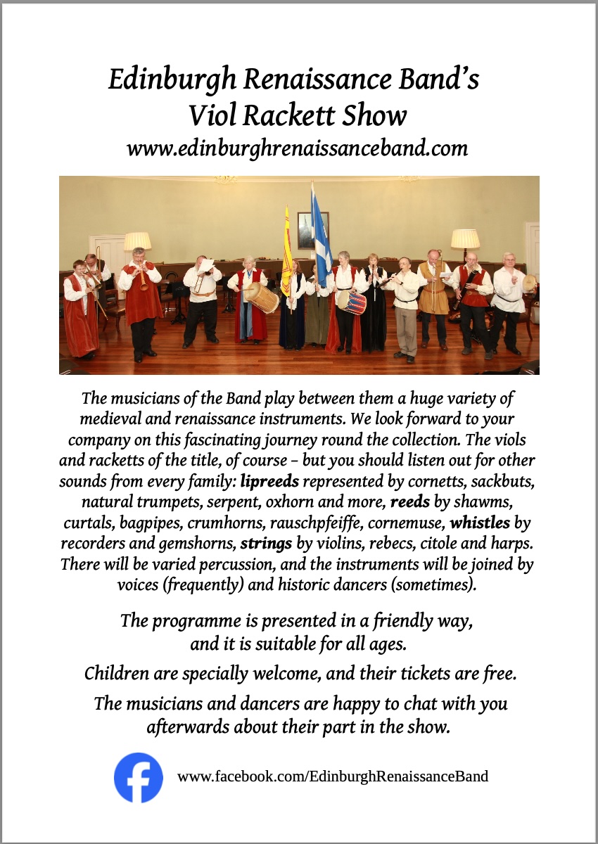 EdinRenaissance's tweet photo. On Sunday 18th August, 3pm at St Cecilia's Hall, the ERB perform a favourite programme, the "Viol Rackett Show".  Hear the early instruments that you see in the Museum! Children free and particularly welcome! https://t.co/wIwKh9kd3d