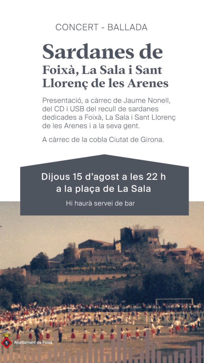 ru_torrent's tweet photo. 15 d’agost a les 22h, presentació d’un cd de sardanes dedicades a Foixà, La Sala i Sant Llorenç de les Arenes i a la seva gent, a càrrec de la cobla @CoblaCiutatdeGi a la plaça de La Sala (Foixà) a càrrec de @JaumeNonell https://t.co/SNRxkHHssA