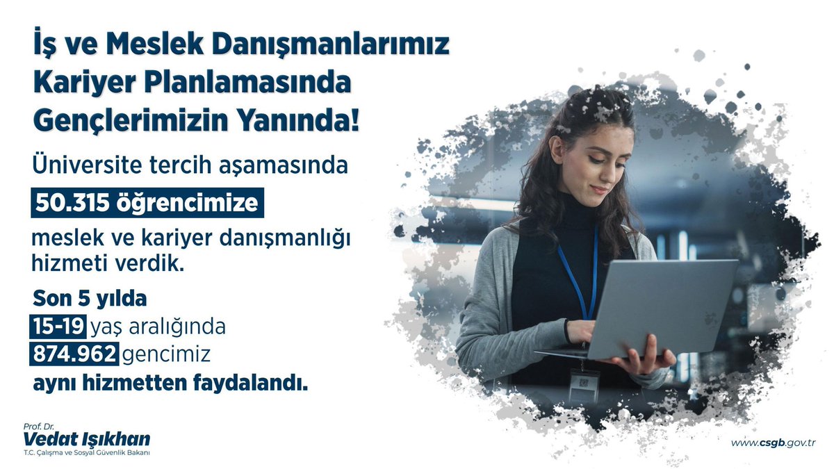 Kariyer planlamasında İŞKUR gençlerin yanında!

İş ve Meslek Danışmanlarımız üniversite tercih aşamasında 50.315 öğrencimize meslek ve kariyer danışmanlığı hizmeti verdi.

Son 5 yılda 15-19 yaş arasında 874.962 gencimiz danışmanlık hizmetlerimizden faydalandı. Geleceğini emin