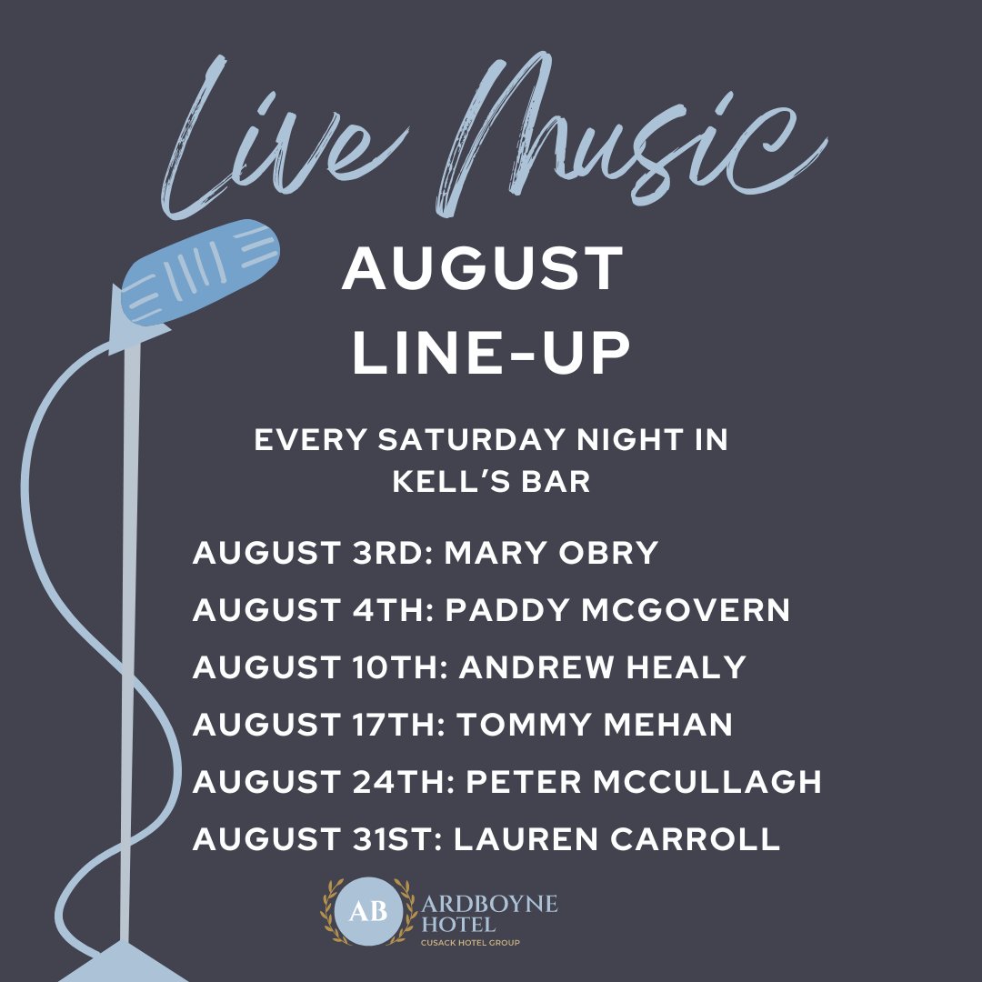 Our August Line-Up is here! Join us every Saturday night in Kell's Bar for Live Music🎤