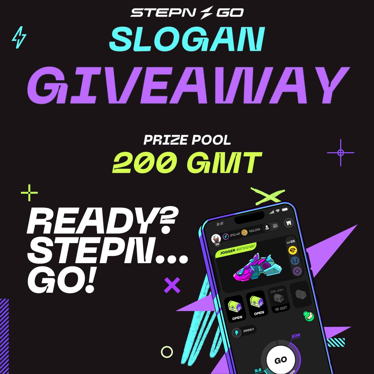 STEPNeur's tweet photo. 🚨 GIVEAWAY 🎉

𝗦𝗧𝗘𝗣𝗡 𝗚𝗢 - 𝗦𝗟𝗢𝗚𝗔𝗡 ✨

To participate in the giveaway, follow these simple steps:

✅ Follow @STEPNeur and @Stepnofficial

Like ❤️ and Retweet 🔁

Create a slogan for STEPN GO other than 'READY? STEPN... GO!' Be creative! 🚀

#️⃣ Use #STEPNGOSlogan #STEPNGO 

👥 Tag 2 friends 

💸 Prize pool: 200 $GMT 

🗓️ Deadline: August 10th

READY? STEPN... GO! ⚡