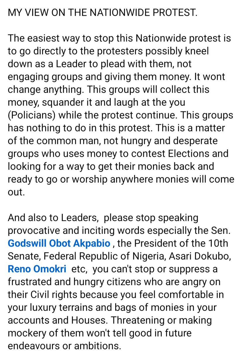 OptmistR's tweet image. MY VIEW ON THE NATIONWIDE PROTEST.

The easiest way to stop this Nationwide protest is to go directly to the protesters possibly kneel down as a Leader to plead with them, not engaging groups and giving them money. It wont change anything.