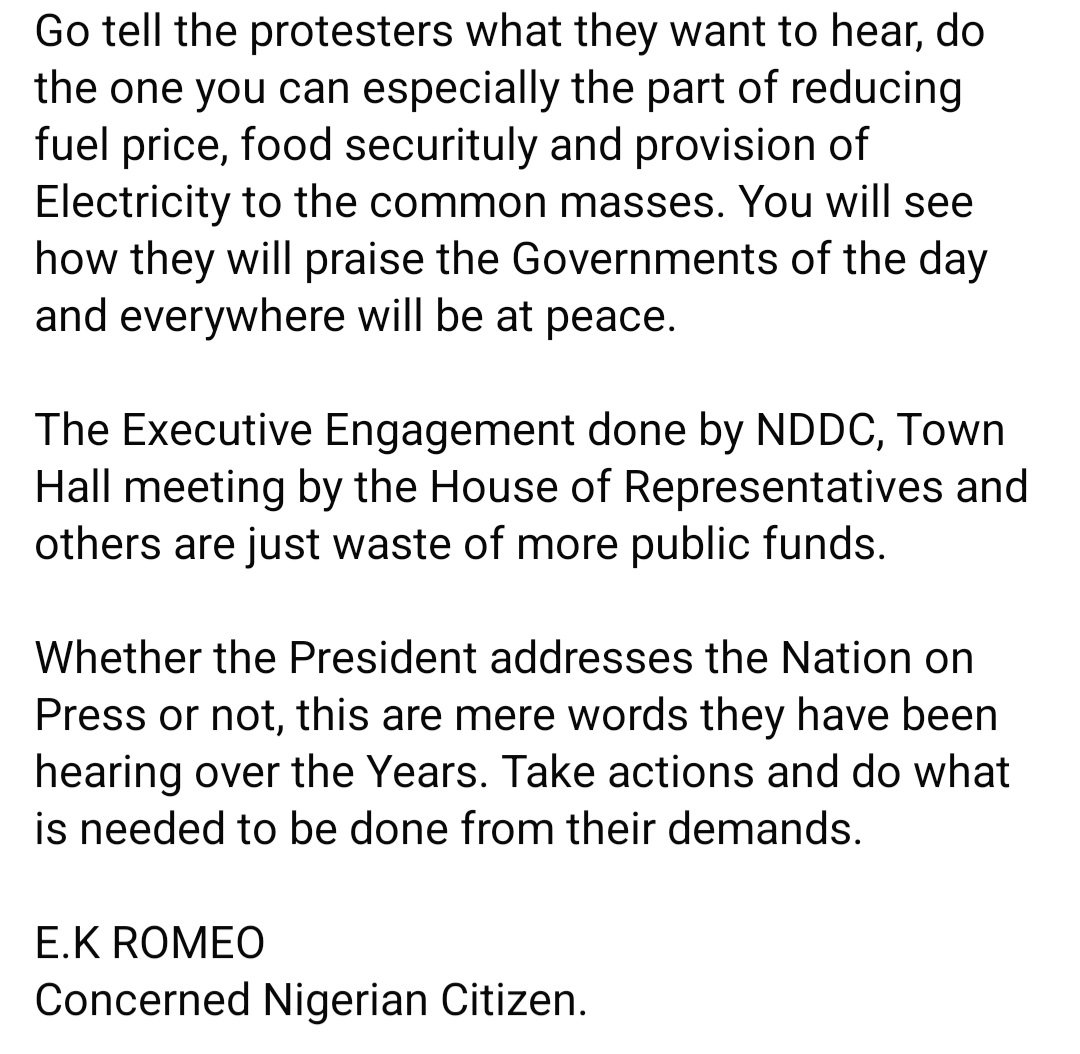 OptmistR's tweet image. MY VIEW ON THE NATIONWIDE PROTEST.

The easiest way to stop this Nationwide protest is to go directly to the protesters possibly kneel down as a Leader to plead with them, not engaging groups and giving them money. It wont change anything.