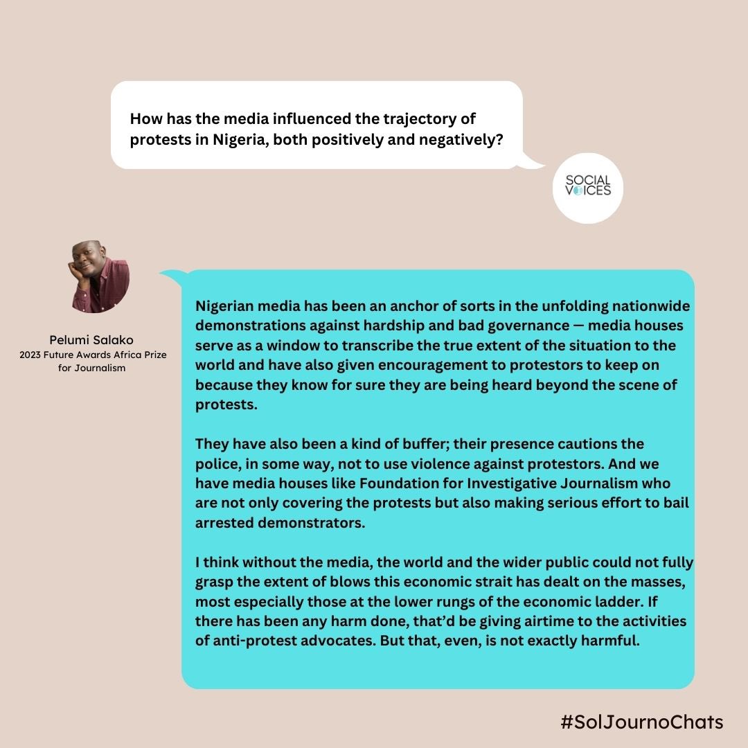 SocialvoicesNGR's tweet photo. This week, as the #EndBadGovernance protest continues, we spoke with @SalakoBabaa and @Kikiola_Akin, two Nigerian journalists who have been out there covering the protests from day one.
Enjoy!🥂
#EndBadGovernanceProtest #Mediarole #SolJournoChats #Protests #SolutionJournalism https://t.co/XeLkWcEqcB