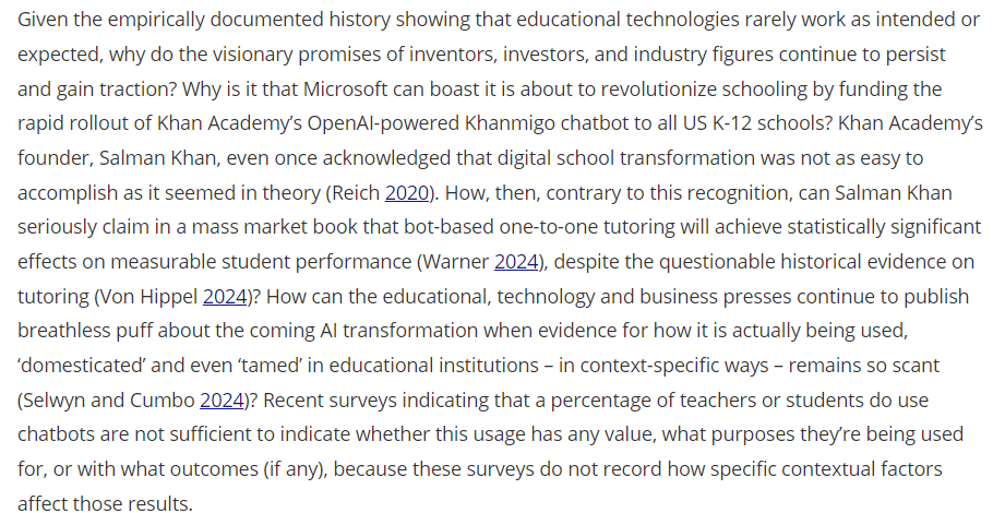 CriticalAI's tweet image. Very interesting editorial highly relevant to #AIhype in #edtech.  I especially appreciate this pushback against the (nakedly commercial) rollout of #Khan bots in K-12. /1