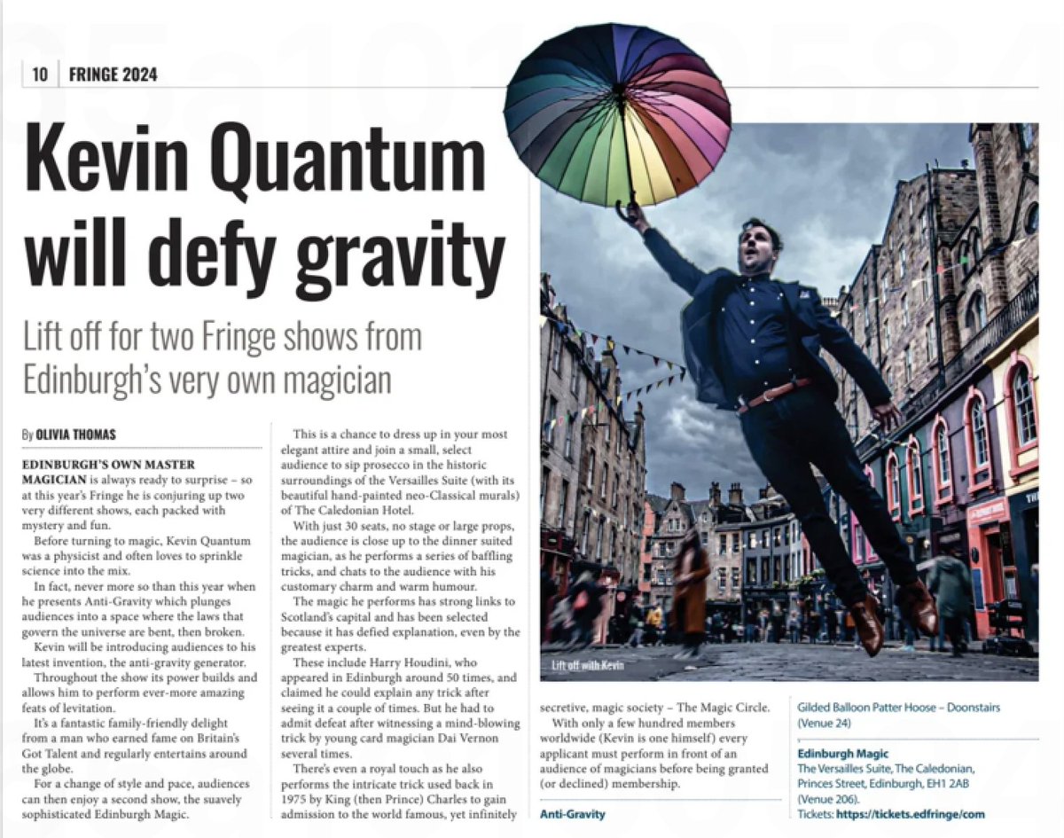 kevinquantum's tweet photo. More press coverage for my @edfringe shows, Anti-Gravity AND Edinburgh Magic!
A big thanks to @EdinReporter
#edfringe #edinburghmagic #magic #magician #antigravity https://t.co/Zkx8llTeJQ