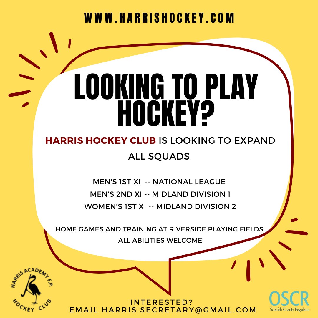 Looking to play hockey this coming season? We would love to hear from you.  Harris Hockey Club are looking for new players for all our teams.  Interested? Email harris.secretary@gmail.com

<a href="/harris_hawks/">Harris Hawks Hockey</a> <a href="/WECSHDundee/">WECSH</a> <a href="/dundeeuni/">University of Dundee</a> <a href="/AbertayUni/">Abertay University</a> <a href="/dundee_angus/">Dundee&Angus College</a>