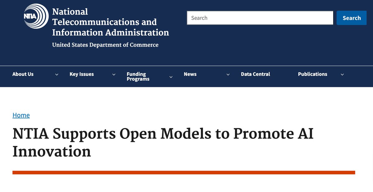 🔴 La Casa Blanca confirma que no será necesario restringir la IA de "código abierto" con el fin de promover la innovación. No impondrá nuevas restricciones a las empresas que pongan a disposición del público su software y sistemas IA.  ntia.gov/press-release/…