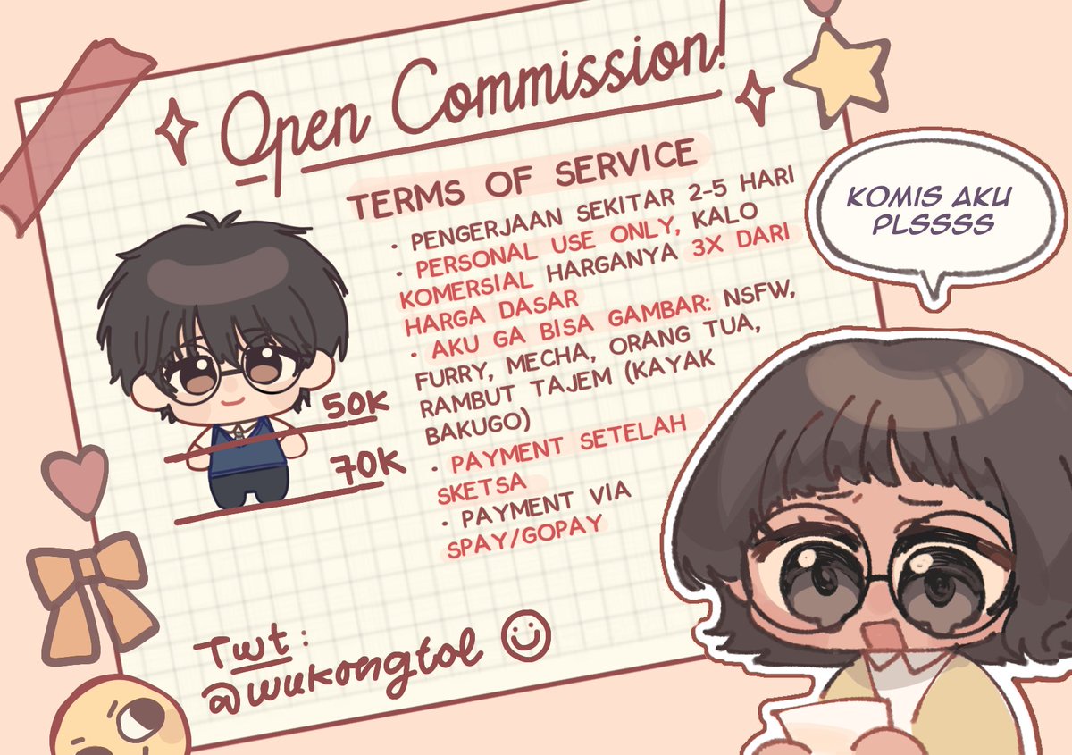 wukongtol's tweet photo. (LIKES AND RT'S ARE APPRECIATED)

Hai hai halooo 👋👋👋 aku buka komis chibi huat 5 slot hihihihi 😋😋😋 kalo tertarik bisa dm aku atau chat aku yaa, thank you! 🫶💞

#opencommission  #commissionopen #opcomms #artistidn #artistindonesian #zonauang #zonajajan https://t.co/vCGoyKnixk