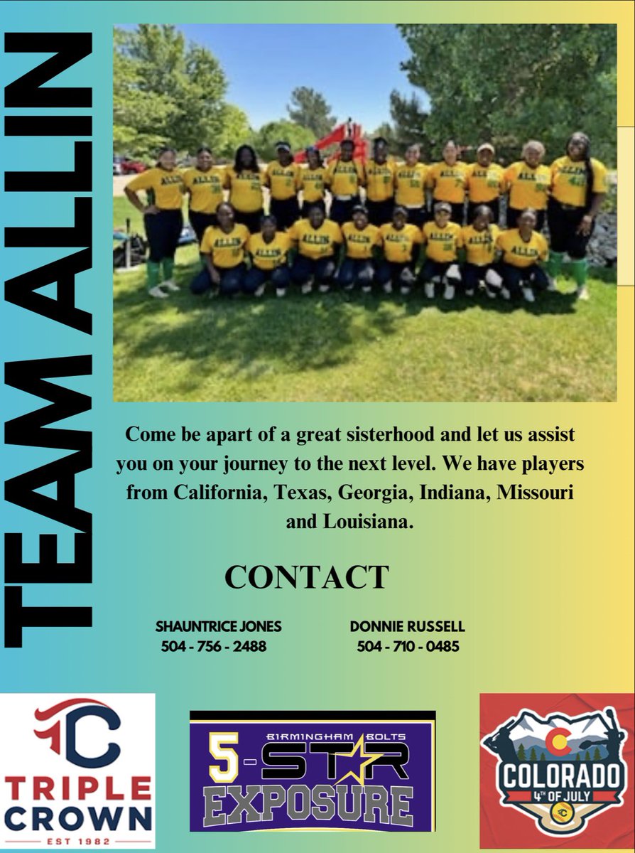Donnie Russell (@coachdonniexula) on Twitter photo Looking for a few 14U - 18U to complete our teams roster!! We Stand on Loyalty and Sisterhood. If you’re interested, DM or reach out to the coaches. <a href="/Softball_La/">Louisiana High School Softball</a> <a href="/commit2HBCU/">SHOWCASE HBCU</a> <a href="/HBCUSports1/">HBCU Premier Sports & More</a> <a href="/HBCUSoftball/">HBCU Softball</a> <a href="/MSPtakeover/">Minority Softball Prospects</a> <a href="/MyBCSN1/">Black College Sports Network</a> <a href="/Playmakers1212/">TEAM ALLIN PLAYMAKERS</a> <a href="/LakeithaS24/">Lakeitha Sampson</a> Looking for a few 14U - 18U to complete our teams roster!! We Stand on Loyalty and Sisterhood. If you’re interested, DM or reach out to the coaches. <a href="/Softball_La/">Louisiana High School Softball</a> <a href="/commit2HBCU/">SHOWCASE HBCU</a> <a href="/HBCUSports1/">HBCU Premier Sports & More</a> <a href="/HBCUSoftball/">HBCU Softball</a> <a href="/MSPtakeover/">Minority Softball Prospects</a> <a href="/MyBCSN1/">Black College Sports Network</a> <a href="/Playmakers1212/">TEAM ALLIN PLAYMAKERS</a> <a href="/LakeithaS24/">Lakeitha Sampson</a>