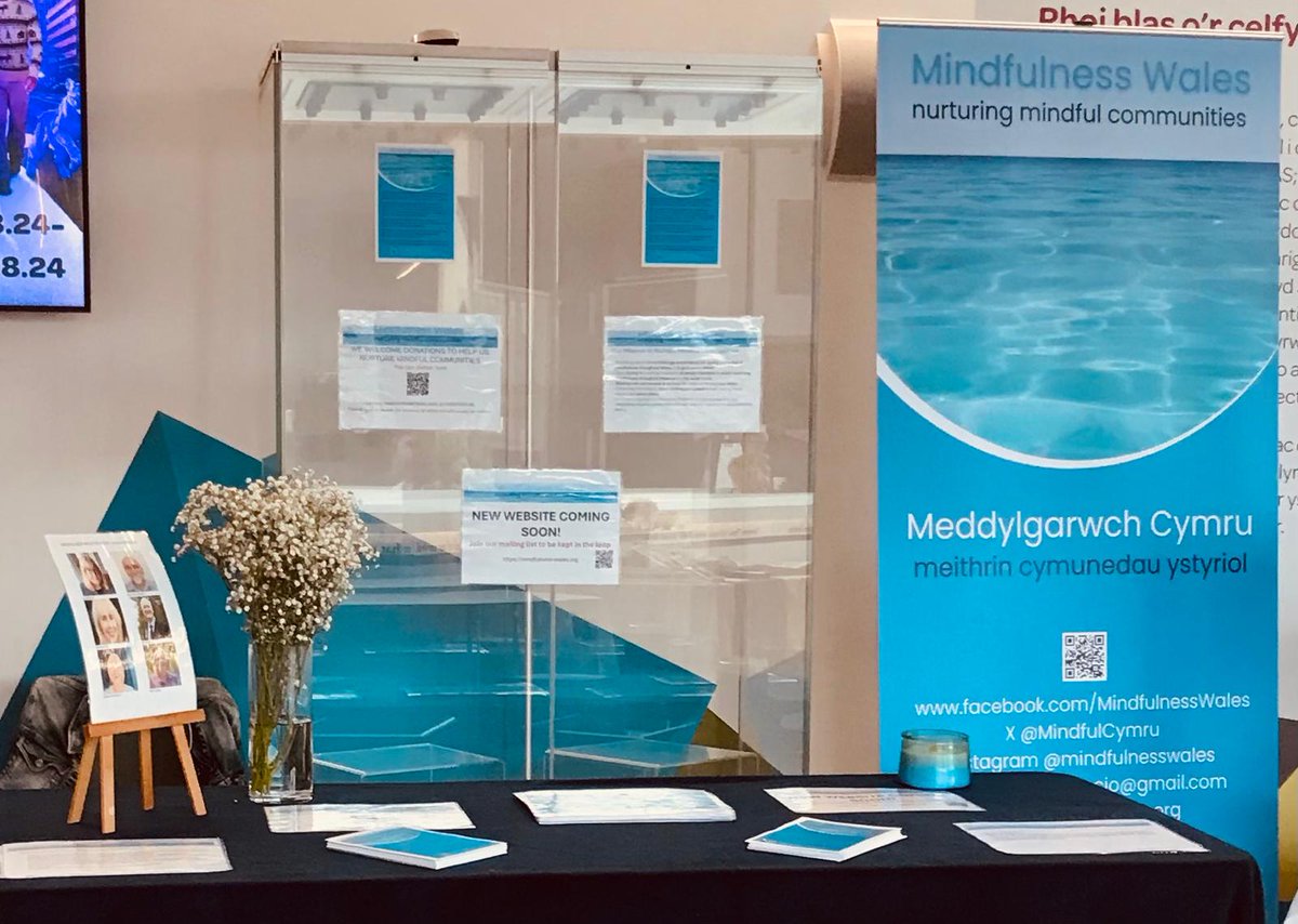 All set up on Floor 2 of Pontio for ICM 2024 in Bangor.  Come and see us if you're here, or otherwise join our mailing list to be kept informed - new website coming soon! <a href="/Mindfulworking/">Heather Fish</a> <a href="/RobCallenDavies/">Rob C-D</a> <a href="/MindfulBangor/">@MindfulnessBangor</a>  mindfulness-wales.org