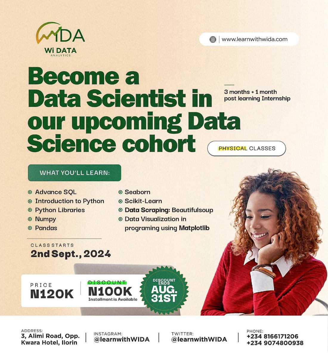 LearnwithWiDa's tweet photo. Ready to pick a new fun with an high income skill? 

Equip yourself with our 3months Data Analysis and Data Science course both physically and virtually 📊💻

Register: https://t.co/U94GBxTnuX https://t.co/U9NmBkSOE3