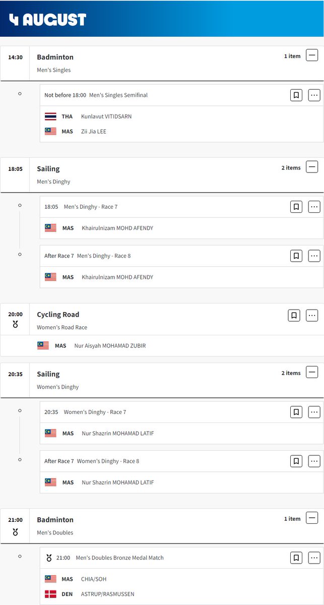 craigansibin's tweet photo. Jadual Aksi Malaysia 🇲🇾 Esok di #SukanOlimpik
🗓️ 04 Ogos (Ahad)
⏰ Waktu Malaysia

Share and Bookmark 🔖!

6:00 PM - Lee Zii Jia #Badminton 
6:05 PM - Khairulnizam Afendy #Sailing
8:00 PM - Aisyah Zubir #CyclingRoad 
8:35 PM - Shazrin Latif #Sailing 
9:00 PM - Aaron Chia / Soh Wooi Yik #Badminton 

Where to Watch / Live Streaming Links
1. RTM Sukan Olimpik / RTM Klik (App): https://t.co/rPrqXkuCAt

2. Astro / Sooka (App): https://t.co/aef3yg0a98

3. Unifi TV (App)

#Paris2024 #Olympics #OlympicGames #TeamMAS