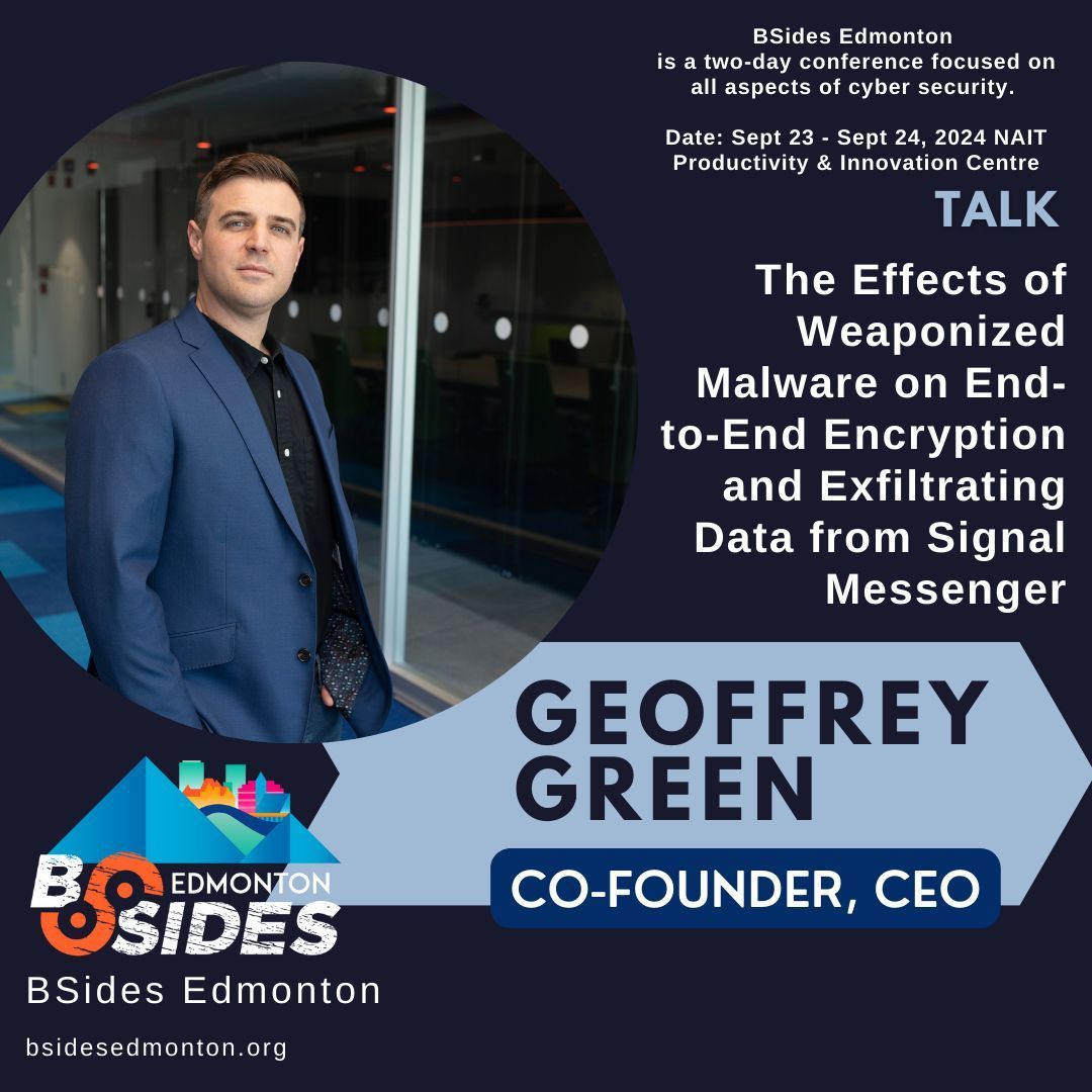 Next speaker for #BSidesEdmonton2024 is Geoffrey Green. 
Geoffrey is a co-founder and CEO of Myntex, a full-stack developer, systems architect, data privacy and security expert. Follow us for more updates and get your tickets here: buff.ly/44QQtBe.