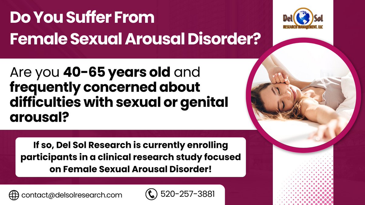 whatsuptucson's tweet photo. Do you suffer from Female Sexual Arousal Disorder? 

Qualify if you are 40-65 yrs old and frequently concerned about difficulties with genital arousal.

Call 520-257-3881 or click the link below to learn more:
https://t.co/ua3imymWix
@DelSolResearch
#FSAD #tucson #ad6 https://t.co/8UxoufCE10