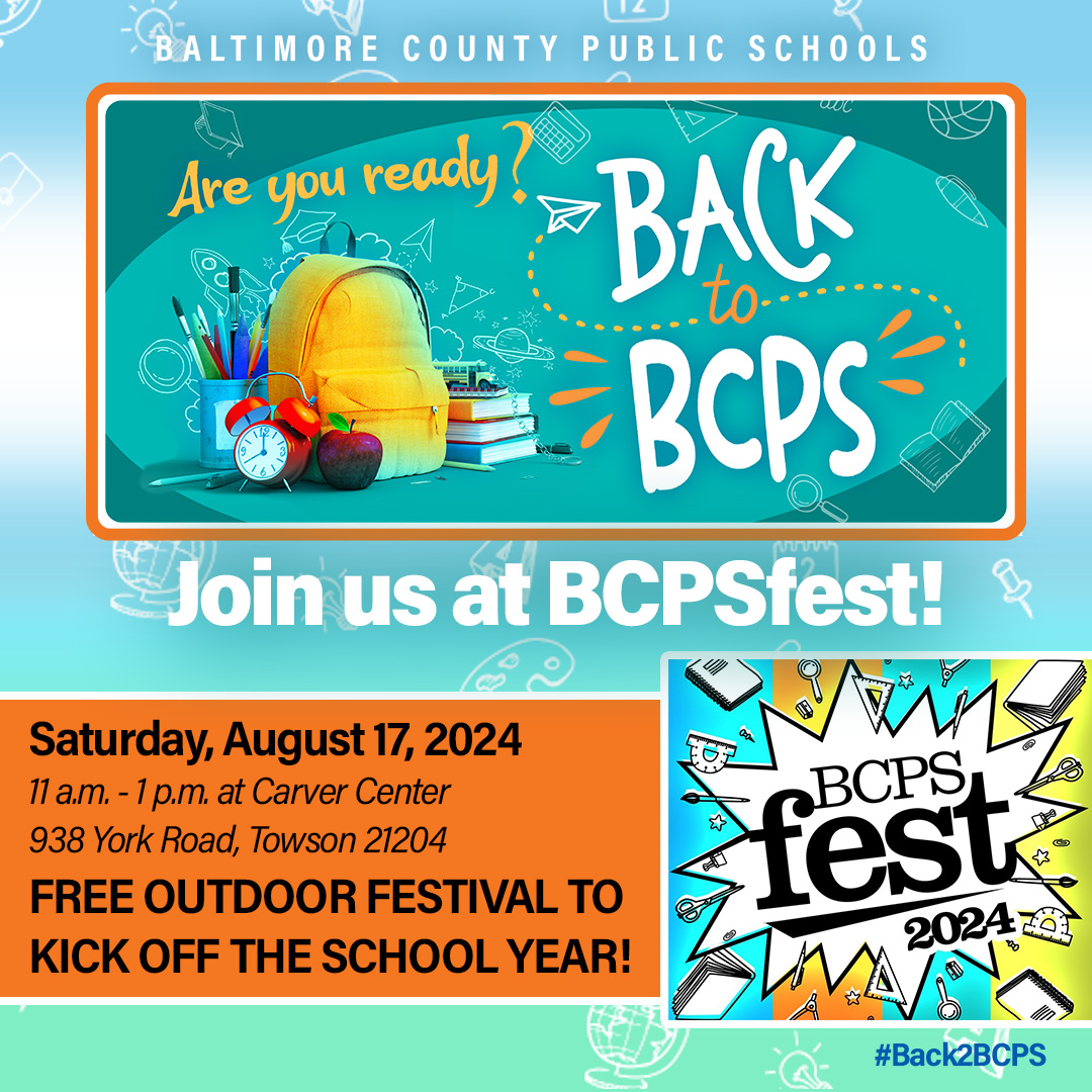 🎉 Join us for #BCPSfest – a free outdoor festival to kick off the upcoming 2024-2025 school year. The event will be held on Saturday, August 17, from 11 a.m.-1 p.m. at Carver Center.

Learn more at bcps.org/community/bcps…
