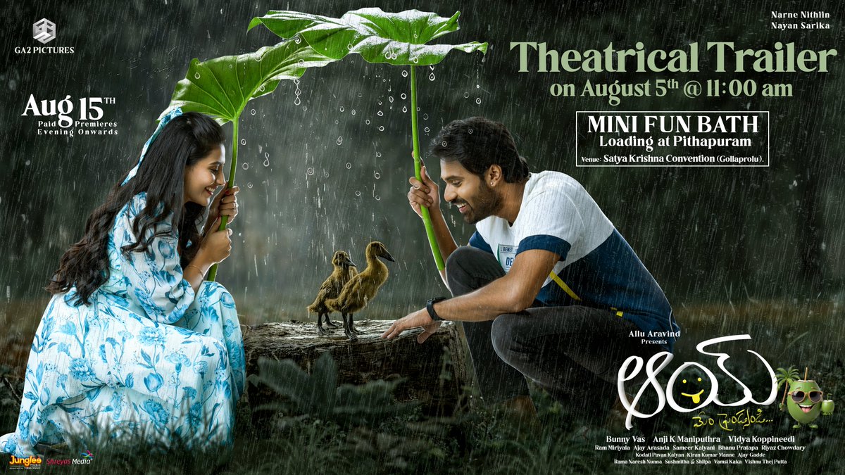 Geetha Arts (@geethaarts) on Twitter photo Ultimate Fun Entertainer of the Season #AAY THEATRICAL TRAILER launch at SatyaKrishna Convention, Pithapuram, Gollaprolu🤩🔥
𝗠𝗜𝗡𝗜 𝗙𝗨𝗡 𝗕𝗔𝗧𝗛 Loading on August 5th from 11AM Onwards💥
#AAYPremiersonAUG15 #AAYMovie
#AlluAravind #BunnyVas #VidyaKoppineedi <a href="/NarneNithiin/">Narne Nithiin</a> Ultimate Fun Entertainer of the Season #AAY THEATRICAL TRAILER launch at SatyaKrishna Convention, Pithapuram, Gollaprolu🤩🔥
𝗠𝗜𝗡𝗜 𝗙𝗨𝗡 𝗕𝗔𝗧𝗛 Loading on August 5th from 11AM Onwards💥
#AAYPremiersonAUG15 #AAYMovie
#AlluAravind #BunnyVas #VidyaKoppineedi <a href="/NarneNithiin/">Narne Nithiin</a>
