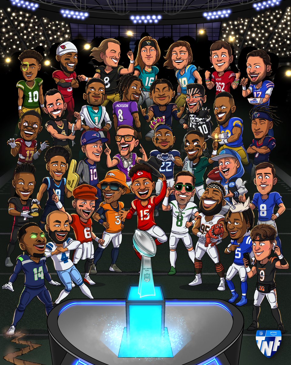 jfdoodles's tweet photo. Last year I done a monster illustration for Amazon Prime's TNF NFL coverage. Based on the theme of Taylor Swift's Eras Tour kicking off at the Allegiant Stadium. 32 players squeezed into 4:5 was brutal! Here are all the players with lots of subtle references for any Swifties! https://t.co/Tj80NEHK77